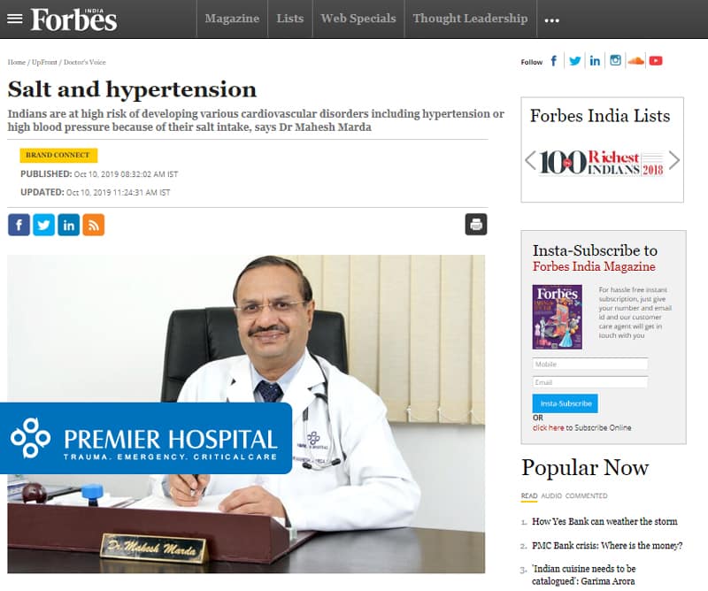 An Article On Salt & Hypertension Published In Forbes India By Dr. Mahesh Marda